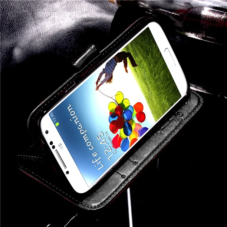 Imprinted Four-leaf Clovers Leather Wallet Cover for Samsung Galaxy S4 mini i9190 - Black