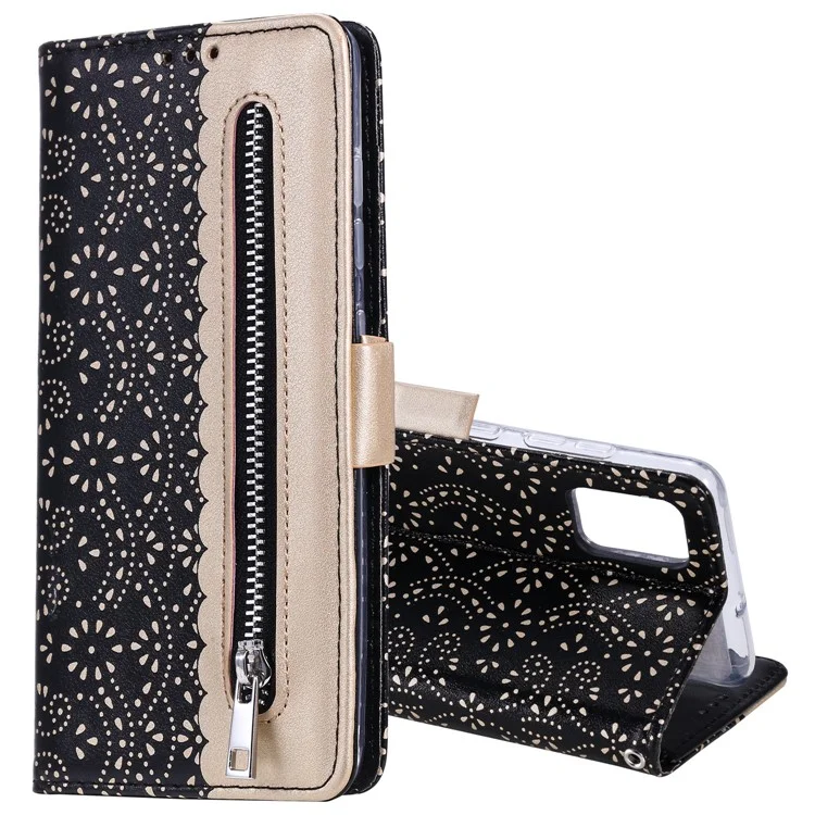 Lace Flower Skin Zipper Cover Stand Stand Para Samsung Galaxy A52 4G/5G / A52s 5G - Preto