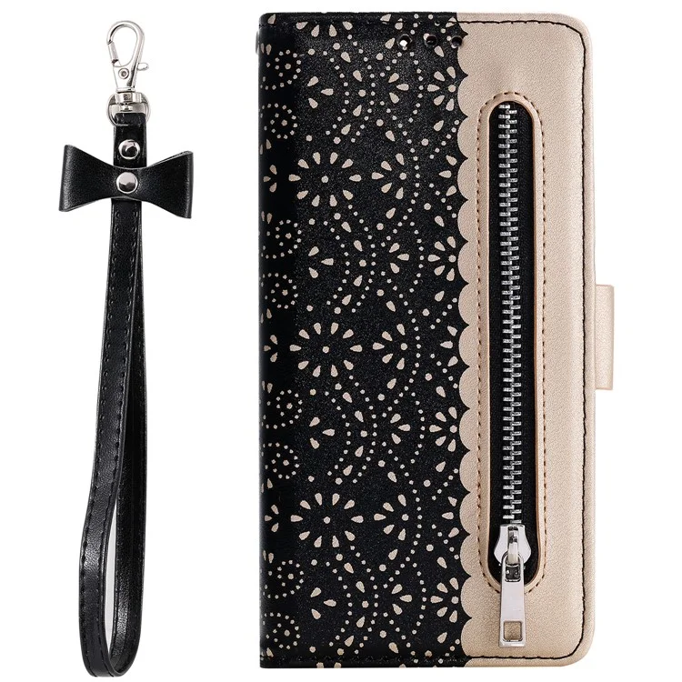 Lace Flower Skin Zipper Leather Cover Stand Case for Samsung Galaxy A52 4G/5G / A52s 5G - Black