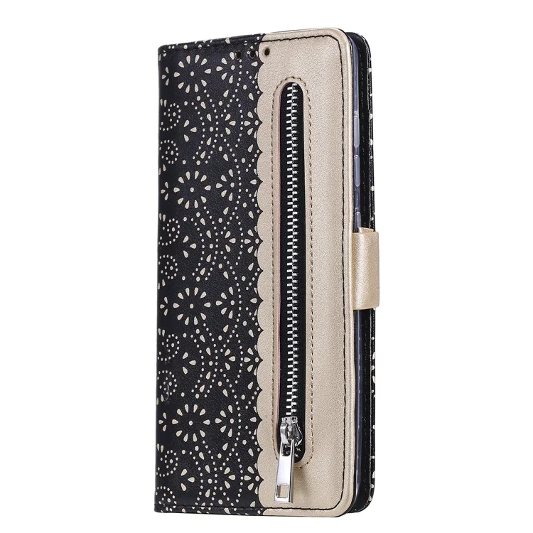 Lace Flower Skin Zipper Leather Cover Stand Case for Samsung Galaxy A52 4G/5G / A52s 5G - Black