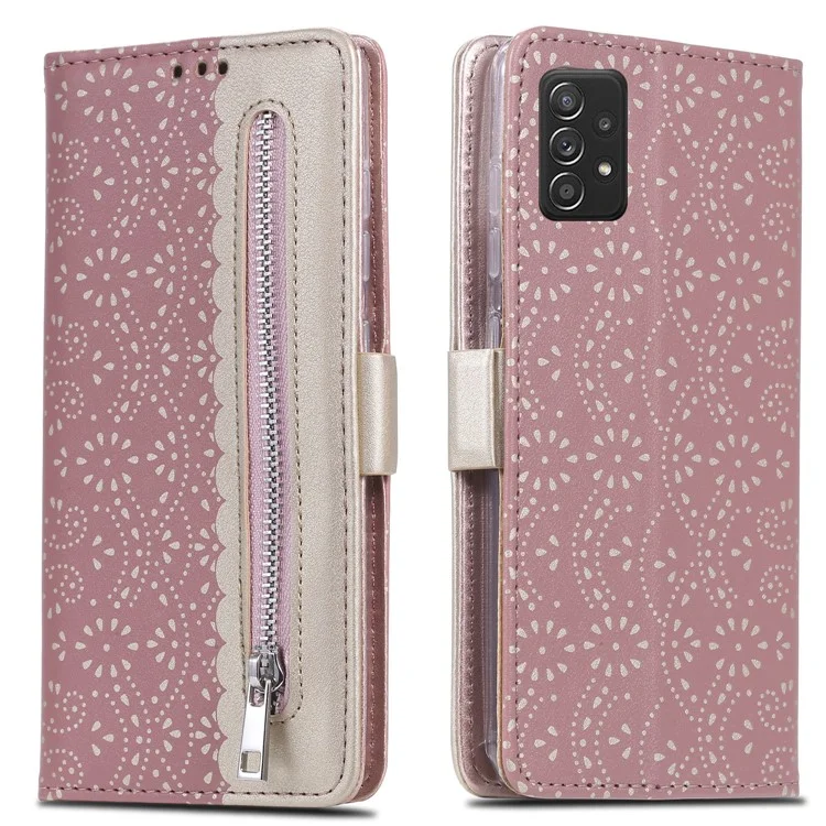 Étui en cuir avec fermeture Éclair, Fleur en Dentelle et Support pour Samsung Galaxy A52 4G/5G / A52s 5G - Or Rose