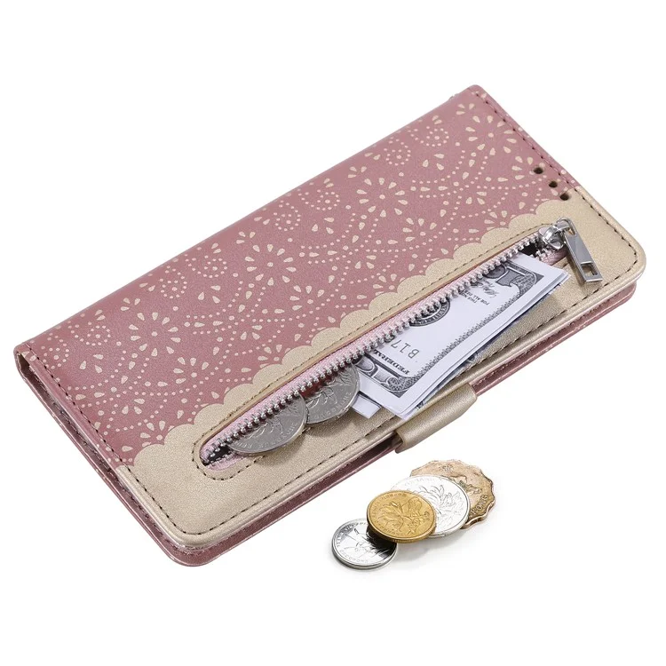 Étui en cuir avec fermeture Éclair, Fleur en Dentelle et Support pour Samsung Galaxy A52 4G/5G / A52s 5G - Or Rose