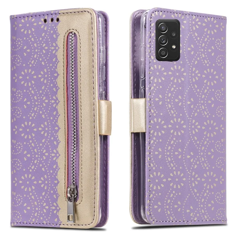 Estuche de piel con cremallera y cierre de flores de encaje para Samsung Galaxy A52 4G/5G / A52s 5G - Púrpura