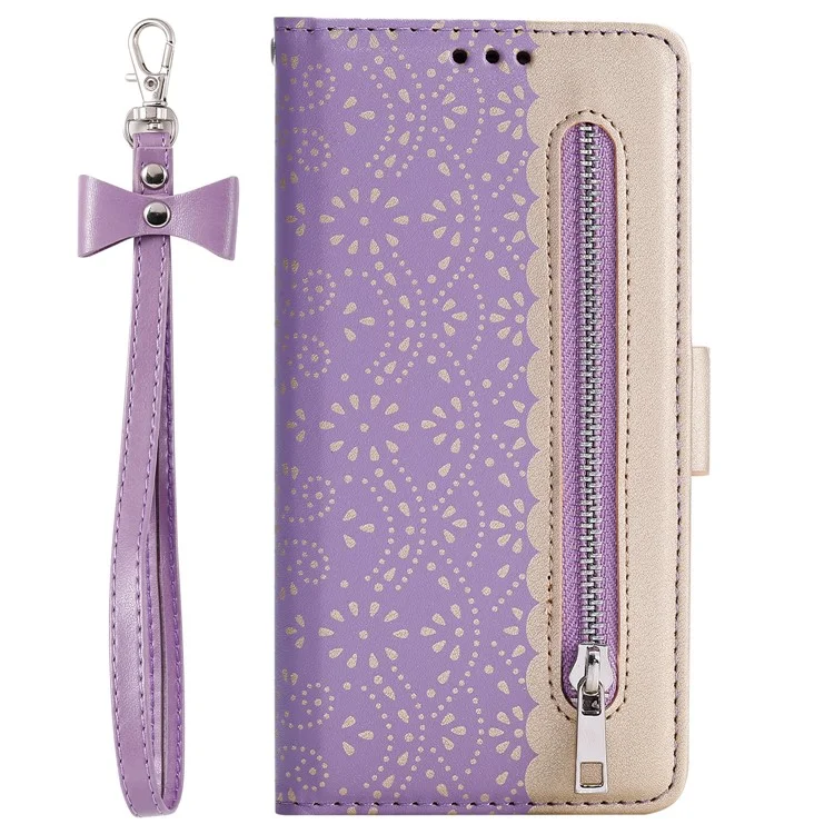 Estuche de piel con cremallera y cierre de flores de encaje para Samsung Galaxy A52 4G/5G / A52s 5G - Púrpura
