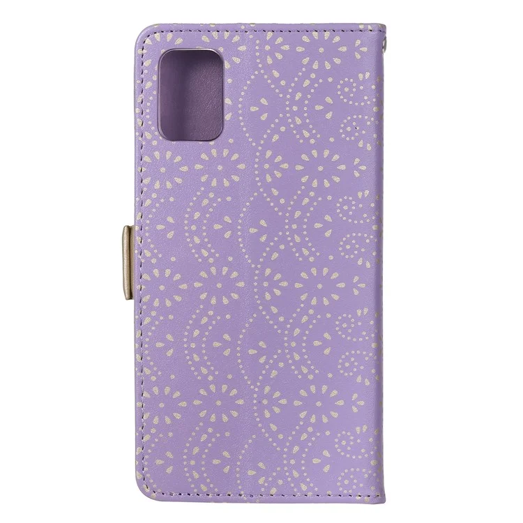 Estuche de piel con cremallera y cierre de flores de encaje para Samsung Galaxy A52 4G/5G / A52s 5G - Púrpura