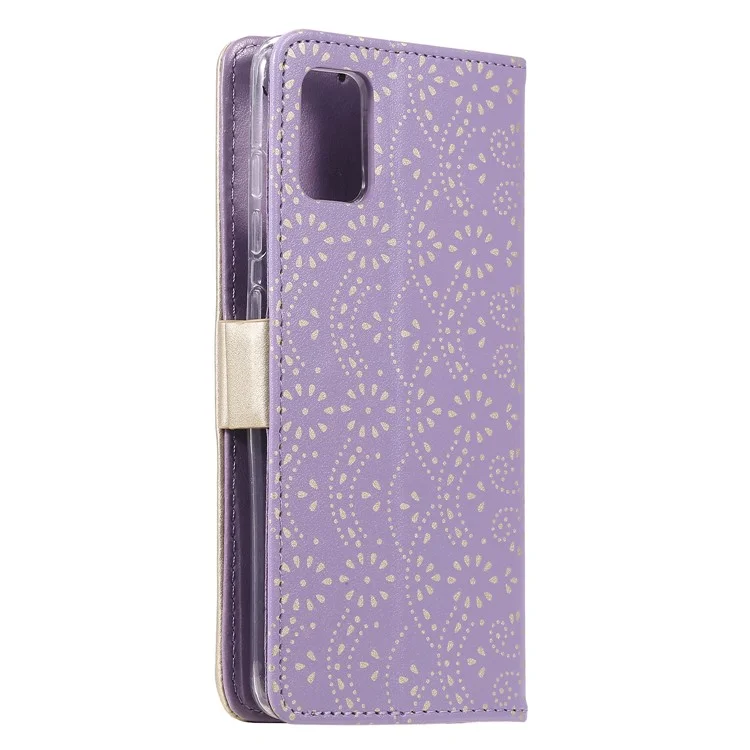 Estuche de piel con cremallera y cierre de flores de encaje para Samsung Galaxy A52 4G/5G / A52s 5G - Púrpura