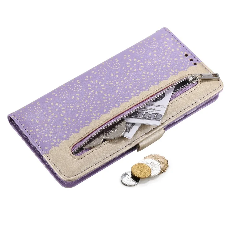 Estuche de piel con cremallera y cierre de flores de encaje para Samsung Galaxy A52 4G/5G / A52s 5G - Púrpura