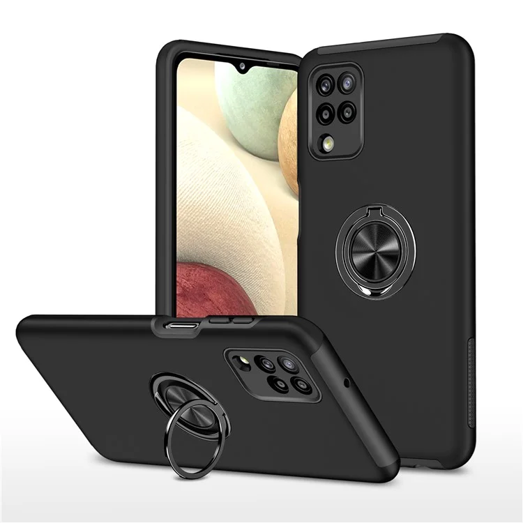 Phone Case for Samsung Galaxy A12 Shockproof Cover with Ring Shape Kickstand All-Round Protective Phone Shell - Black