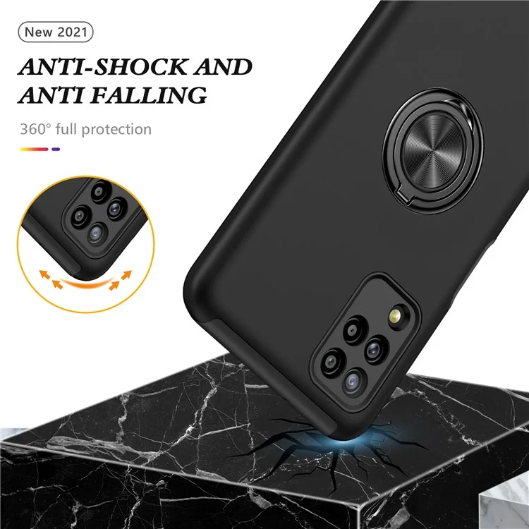 Phone Case for Samsung Galaxy A12 Shockproof Cover with Ring Shape Kickstand All-Round Protective Phone Shell - Black