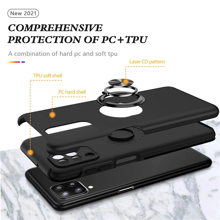 Phone Case for Samsung Galaxy A12 Shockproof Cover with Ring Shape Kickstand All-Round Protective Phone Shell - Black
