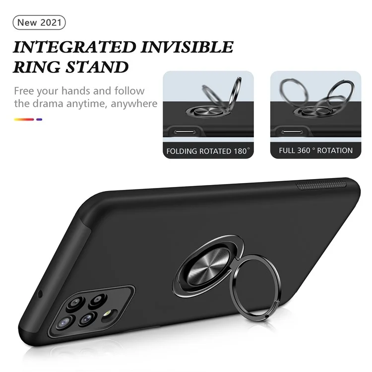 Phone Case for Samsung Galaxy A12 Shockproof Cover with Ring Shape Kickstand All-Round Protective Phone Shell - Black