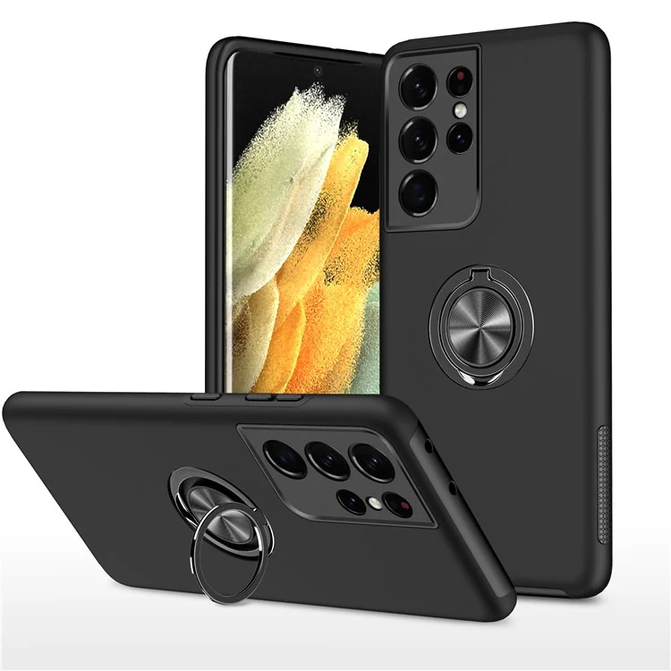 Ring Shape Kickstand Design Back Cover für Samsung Galaxy S21 Ultra 5G Hybrid-Handyhülle - Schwarz