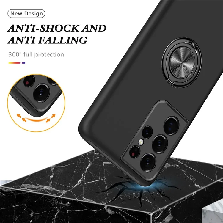 Ring Shape Kickstand Design Back Cover für Samsung Galaxy S21 Ultra 5G Hybrid-Handyhülle - Schwarz