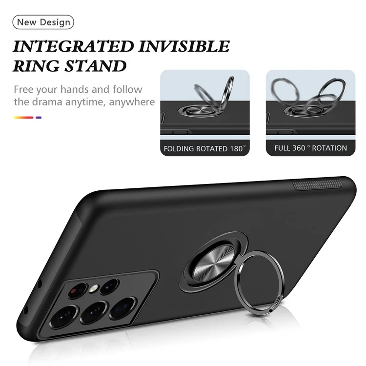 Ring Shape Kickstand Design Back Cover for Samsung Galaxy S21 Ultra 5G Hybrid Phone Case - Black