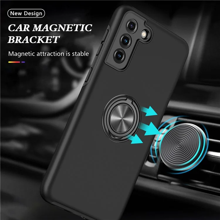 Anti-Drop Hybrid Phone Case Cover with Ring Shape Kickstand Design for Samsung Galaxy S21 4G/5G - Black