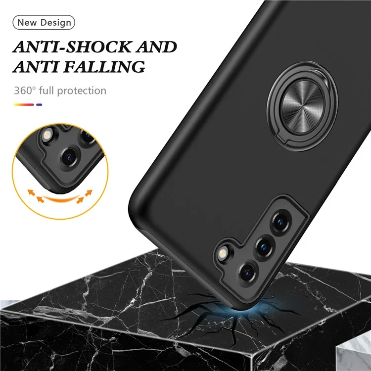 Anti-Drop Hybrid Phone Case Cover with Ring Shape Kickstand Design for Samsung Galaxy S21 4G/5G - Black