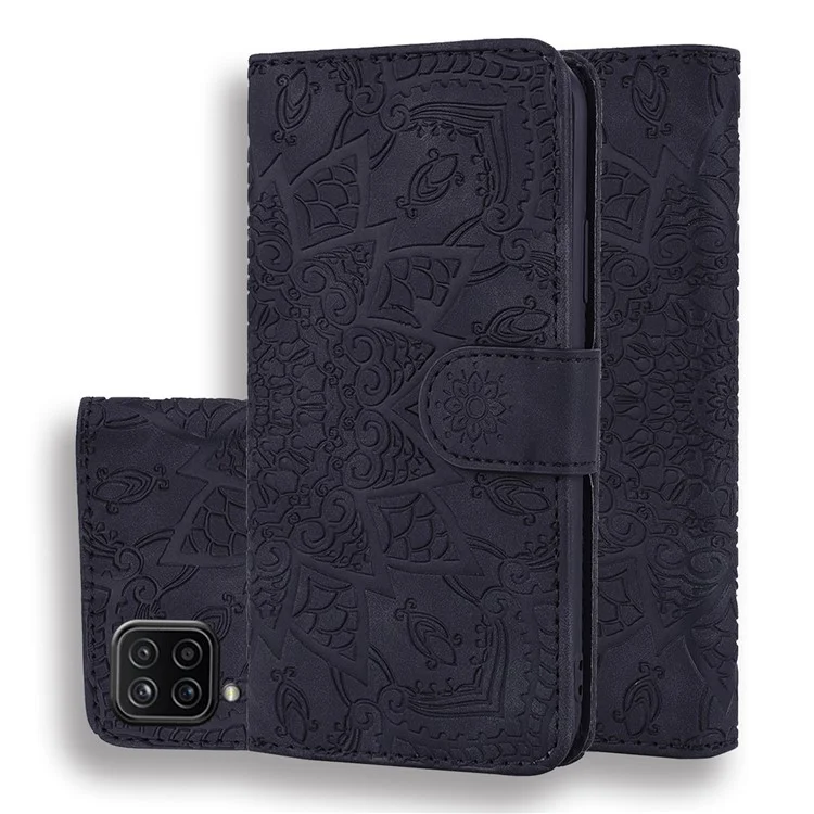 Imprint Flower Wallet Stand Leather Case for Samsung Galaxy A12 - Black
