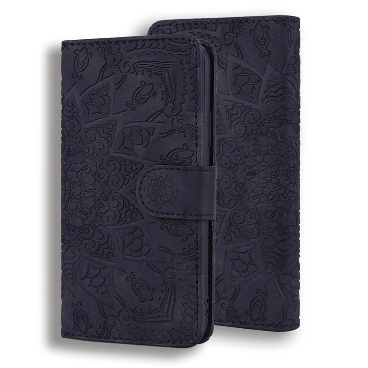 Imprint Flower Wallet Stand Leather Case for Samsung Galaxy A12 - Black
