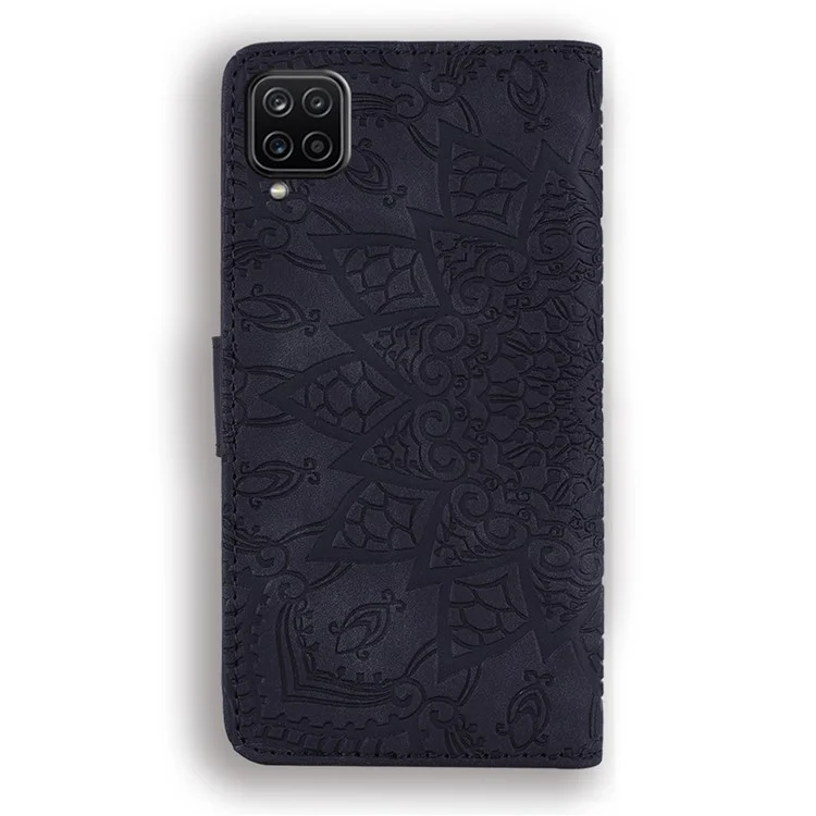 Imprint Flower Wallet Stand Leather Case for Samsung Galaxy A12 - Black