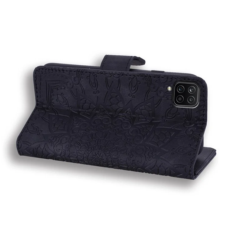 Imprint Flower Wallet Stand Leather Case for Samsung Galaxy A12 - Black