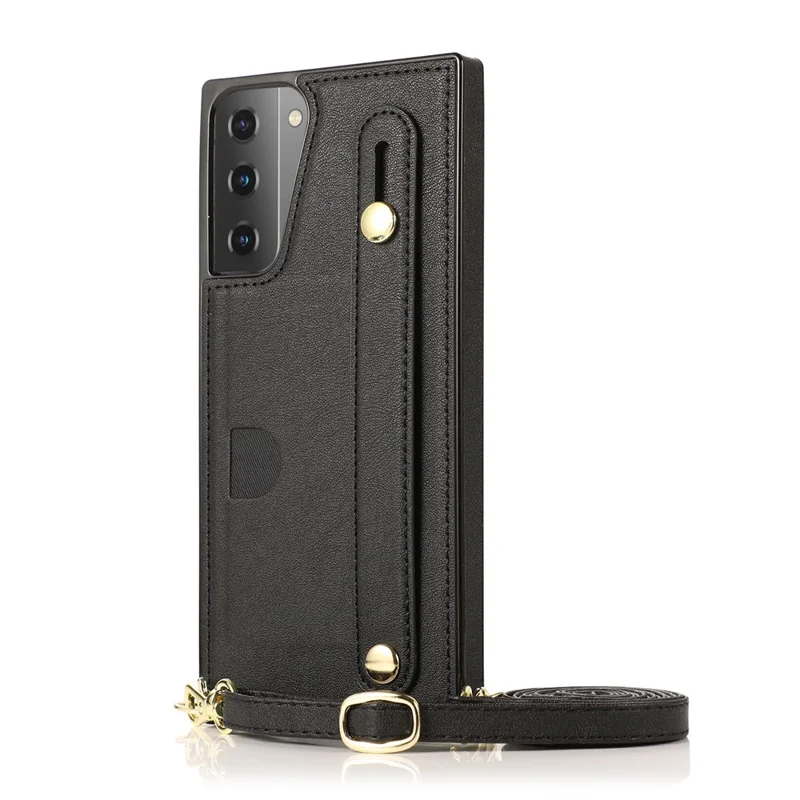 PU Leather Coated TPU Shell Case + Card Slots Hand Strap Kickstand for Samsung Galaxy S21 5G/4G - Black
