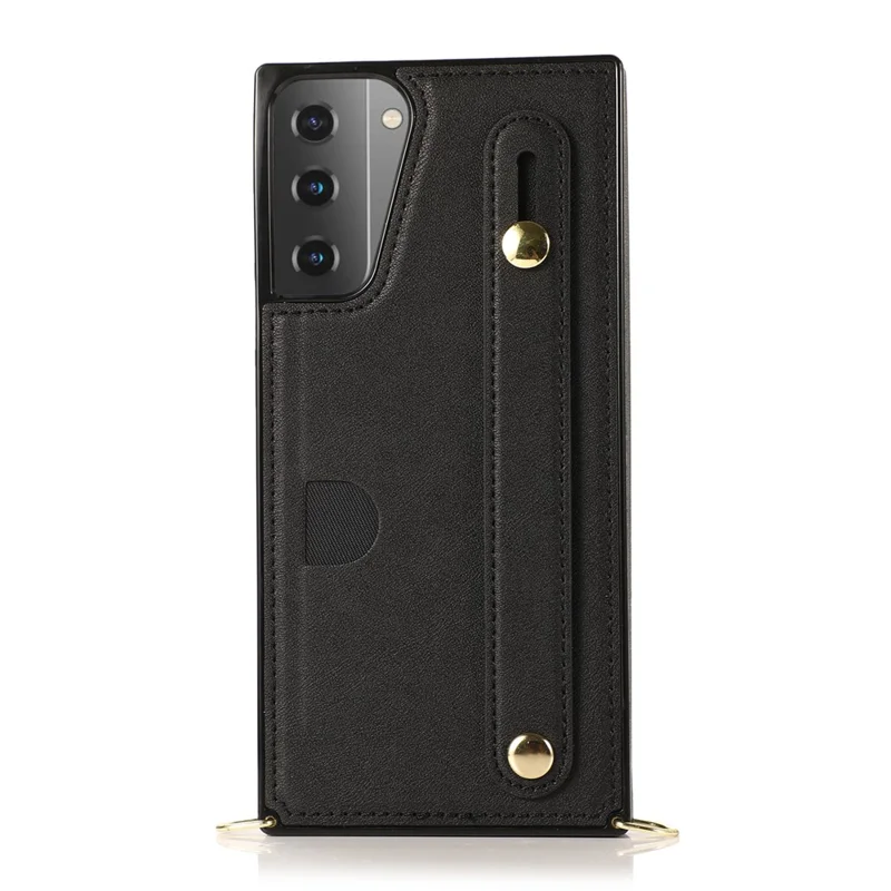 PU Leather Coated TPU Shell Case + Card Slots Hand Strap Kickstand for Samsung Galaxy S21 5G/4G - Black