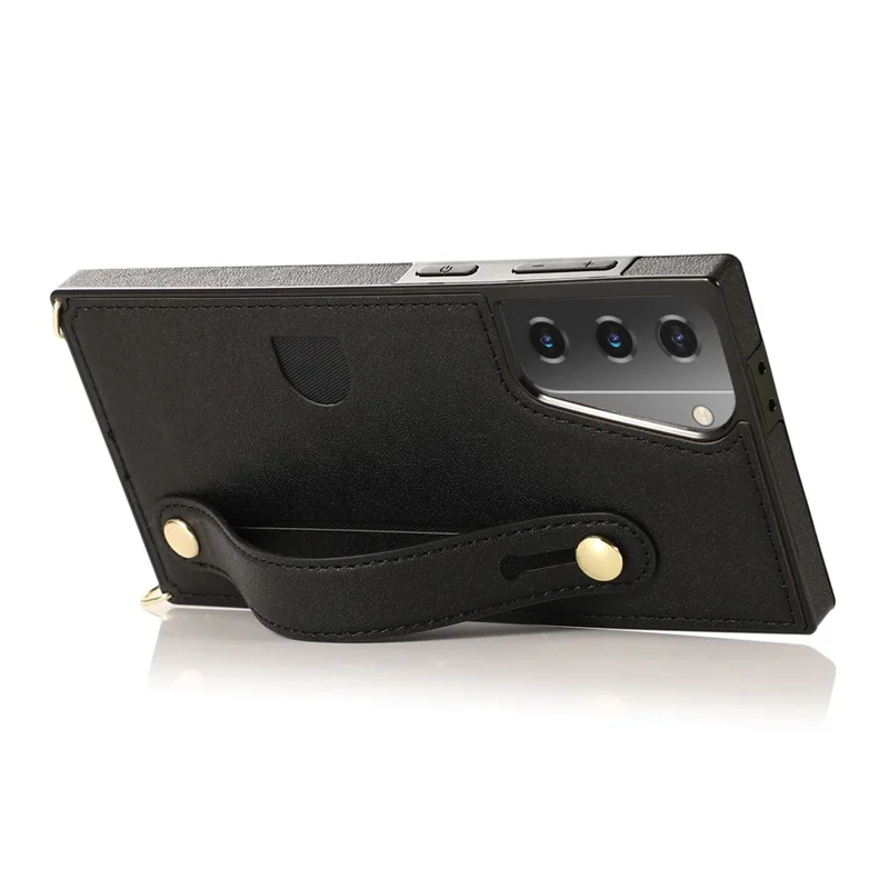 PU Leather Coated TPU Shell Case + Card Slots Hand Strap Kickstand for Samsung Galaxy S21 5G/4G - Black