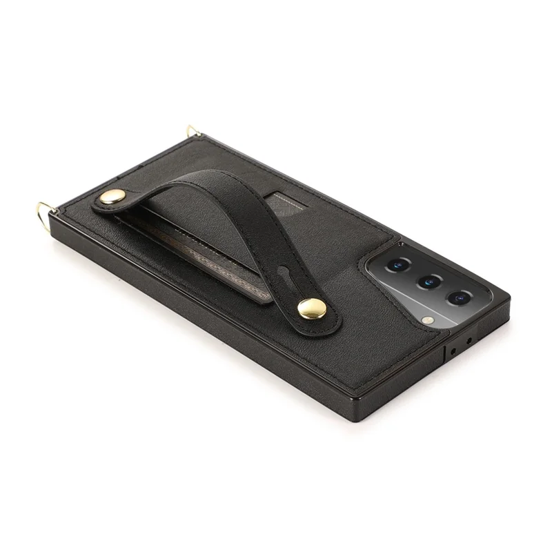 PU Leather Coated TPU Shell Case + Card Slots Hand Strap Kickstand for Samsung Galaxy S21 5G/4G - Black