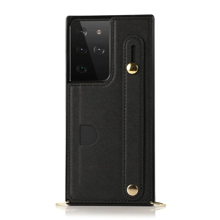 Hand Strap Kickstand Design PU Leather Coated TPU Shell Case + Card Slots für Samsung Galaxy S21 Ultra 5G - Schwarz