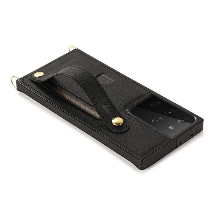 Hand Strap Kickstand Design PU Leather Coated TPU Shell Case + Card Slots für Samsung Galaxy S21 Ultra 5G - Schwarz