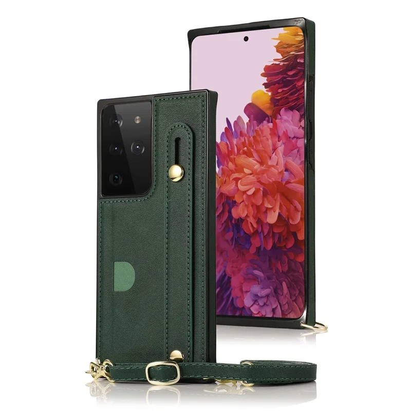 Handlås med vinklingsdesign av PU-läder med pålaminerad TPU-skal + kortfack till Samsung Galaxy S21 Ultra 5G - Grön