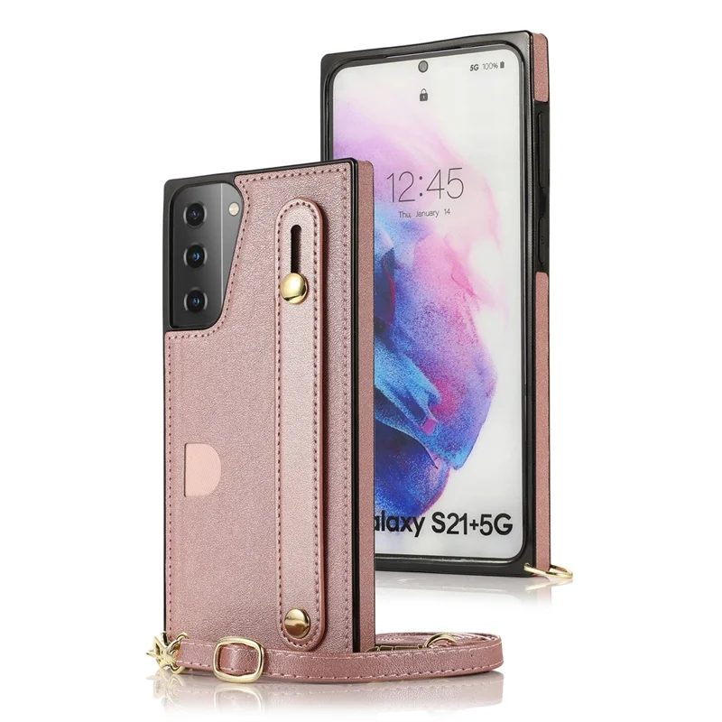 PU Leather Coated TPU Shell Case + Card Slots with Hand Strap Kickstand for Samsung Galaxy S21 Plus 5G - Rose Gold