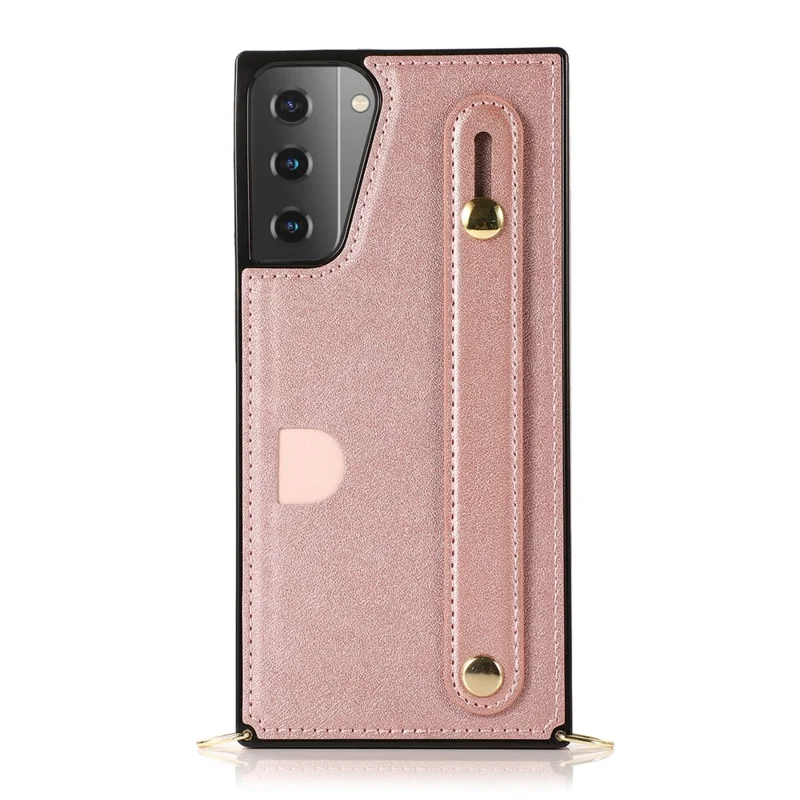 PU Leather Coated TPU Shell Case + Card Slots with Hand Strap Kickstand for Samsung Galaxy S21 Plus 5G - Rose Gold