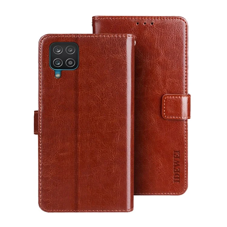 IDEWEI Wallet Design Crazy Horse Texture Leather Mobile Casing for Samsung Galaxy A12 - Brown