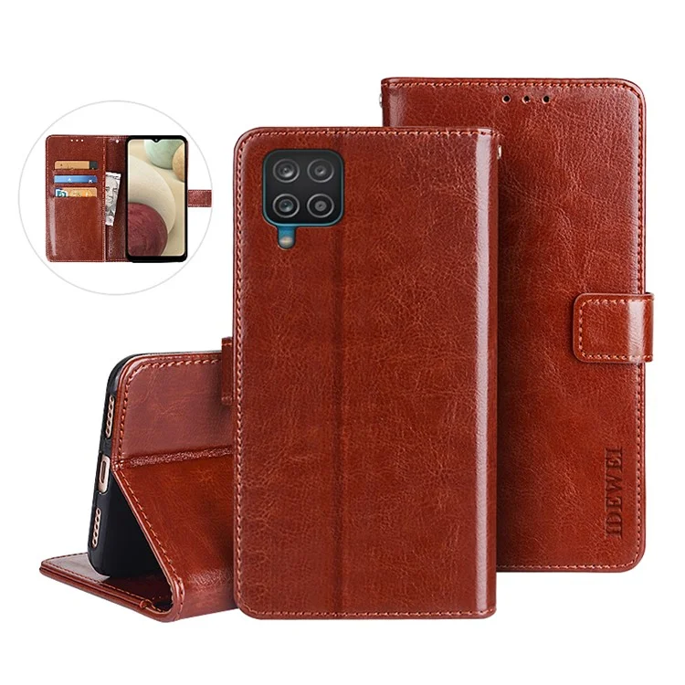 IDEWEI Wallet Design Crazy Horse Texture Leather Mobile Casing for Samsung Galaxy A12 - Brown