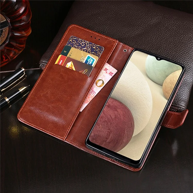 IDEWEI Wallet Design Crazy Horse Texture Leather Mobile Casing for Samsung Galaxy A12 - Brown