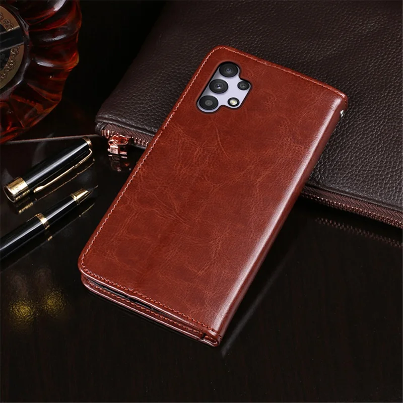 IDEWEI Folio Flip Wallet Design Crazy Horse Texture Leather Mobile Casing for Samsung Galaxy A32 5G/M32 5G - Red