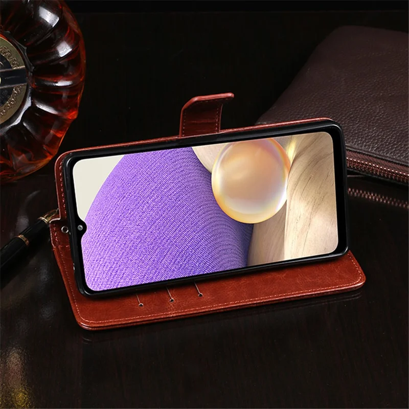 IDEWEI Folio Flip Wallet Design Crazy Horse Texture Leather Mobile Casing for Samsung Galaxy A32 5G/M32 5G - Red