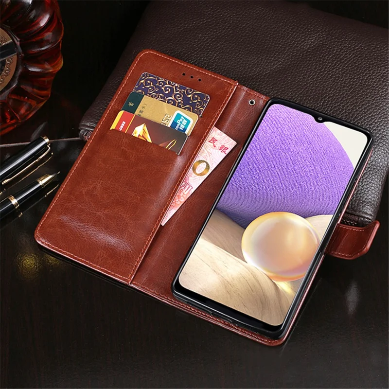 IDEWEI Folio Flip Wallet Design Crazy Horse Texture Leather Mobile Casing for Samsung Galaxy A32 5G/M32 5G - Red