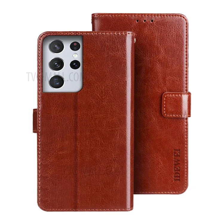 Idewei Crazy Horse Texture PU Wallet Wallet Stand Telefono Shell Per Samsung Galaxy S21 Ultra 5G - Marrone