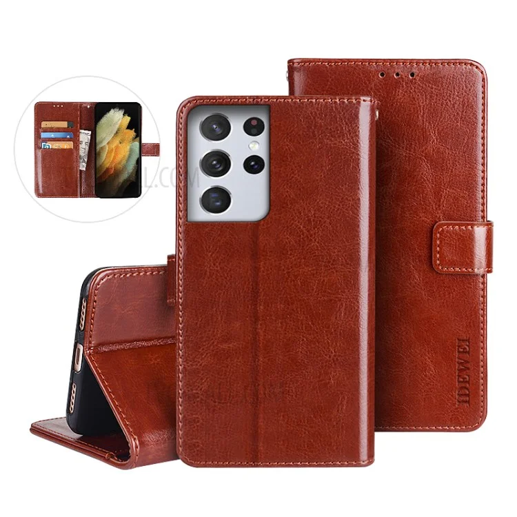 Idewei Crazy Horse Texture PU Wallet Wallet Stand Telefono Shell Per Samsung Galaxy S21 Ultra 5G - Marrone