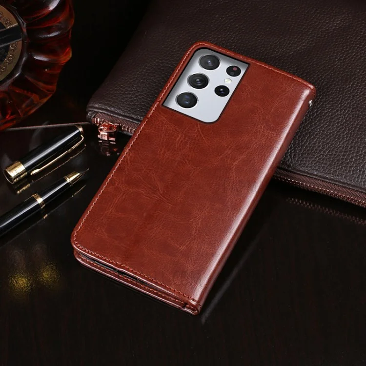 Idewei Crazy Horse Texture PU Wallet Wallet Stand Telefono Shell Per Samsung Galaxy S21 Ultra 5G - Marrone