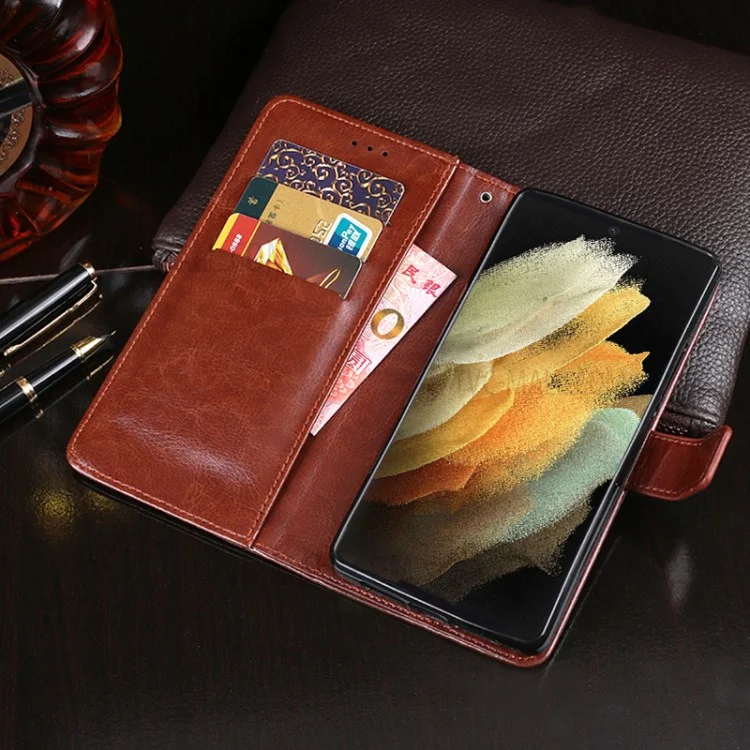 Idewei Crazy Horse Texture PU Wallet Wallet Stand Telefono Shell Per Samsung Galaxy S21 Ultra 5G - Marrone