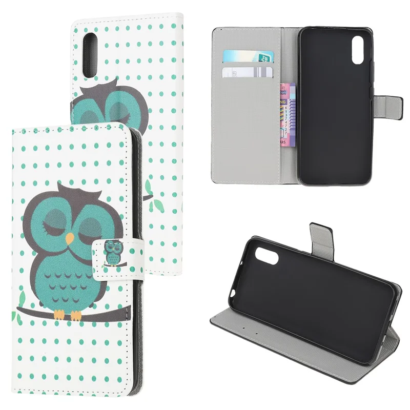 Pattern Printing Leather Protective Cover Wallet Stand Phone Shell for Samsung Galaxy Xcover 5 - Green Owl