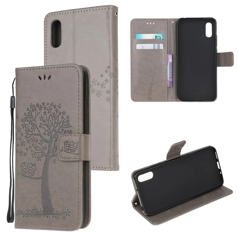 Owl and Tree Pattern Printing Design Leather Wallet Phone Cover for Samsung Galaxy Xcover 5 - Grey