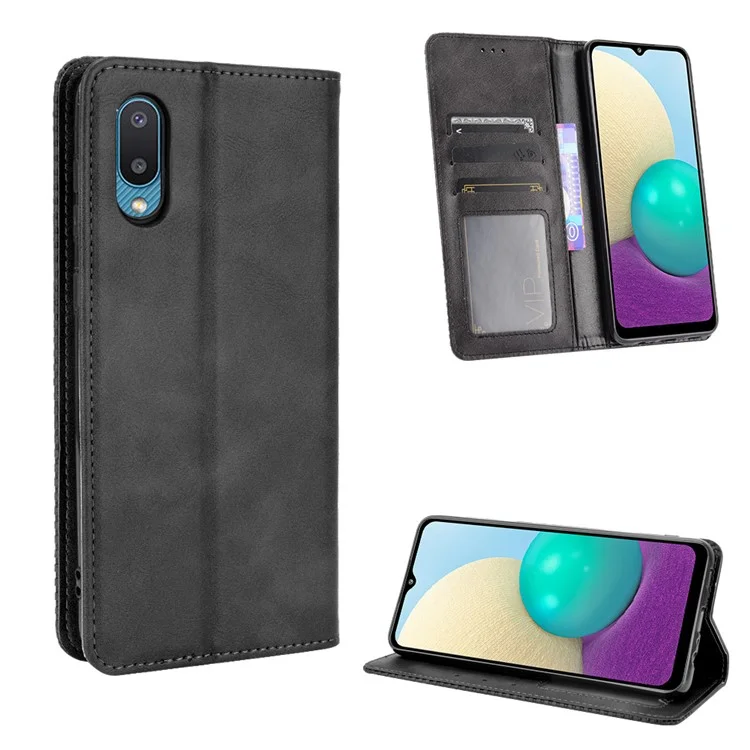 Магнитный винтажный чехол-бумажник для телефона с подставкой из кожи для Samsung Galaxy M02 / Galaxy A02 - Черный
