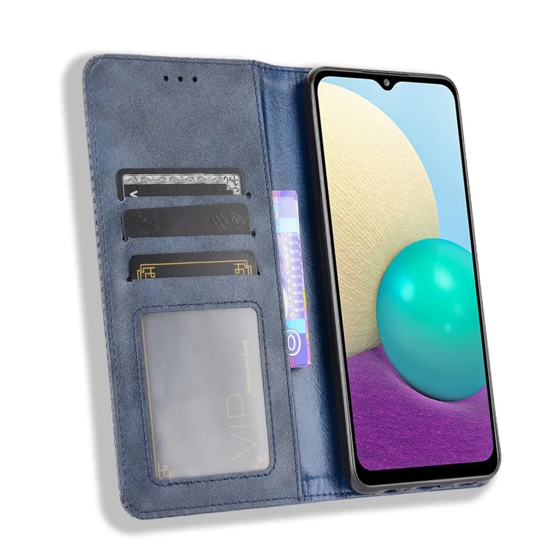 Magnetic Vintage Style Phone Case Wallet Stand Leather Cover for Samsung Galaxy M02 / Galaxy A02 - Blue