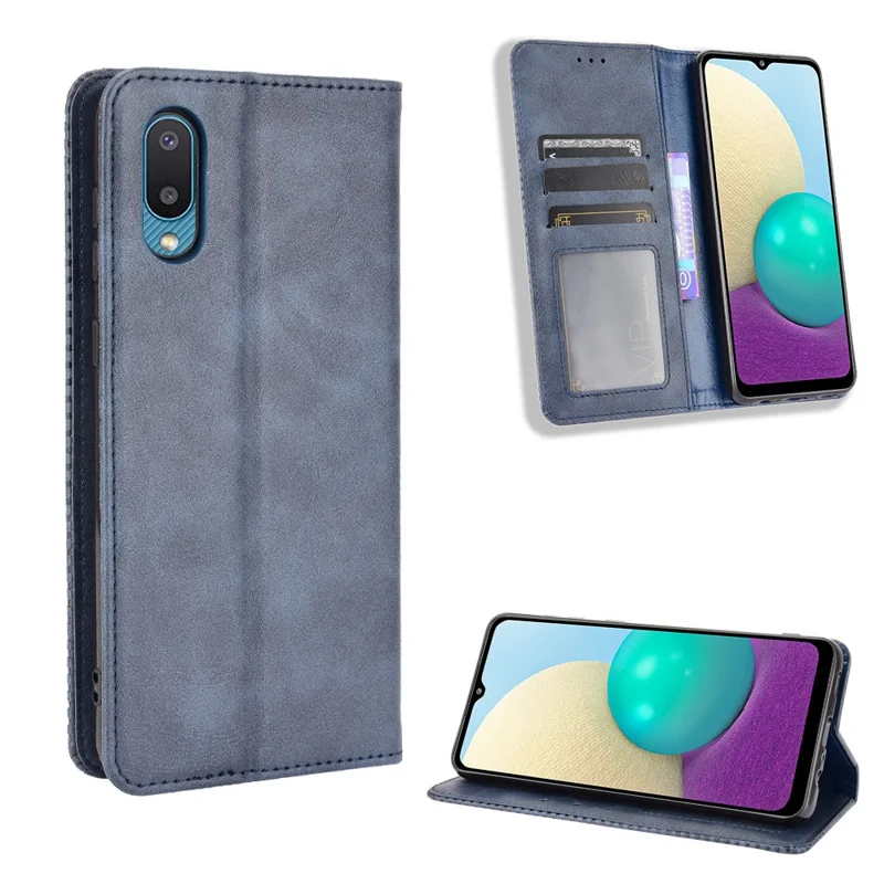 Magnetic Vintage Style Phone Case Wallet Stand Leather Cover for Samsung Galaxy M02 / Galaxy A02 - Blue
