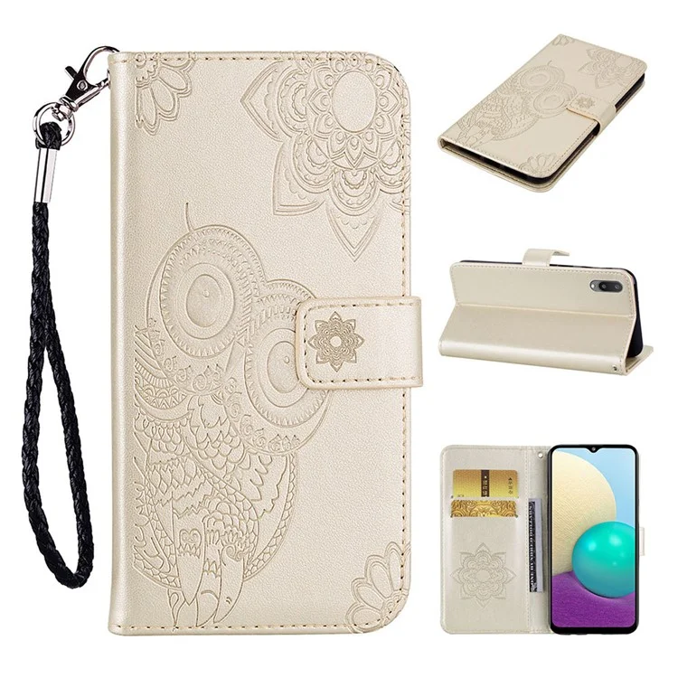 Imprint Owl Flower Leather Wallet Stand Phone Case for Samsung Galaxy M02 / Galaxy A02 - Gold