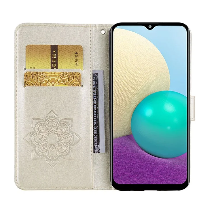 Imprint Owl Flower Leather Wallet Stand Phone Case for Samsung Galaxy M02 / Galaxy A02 - Gold